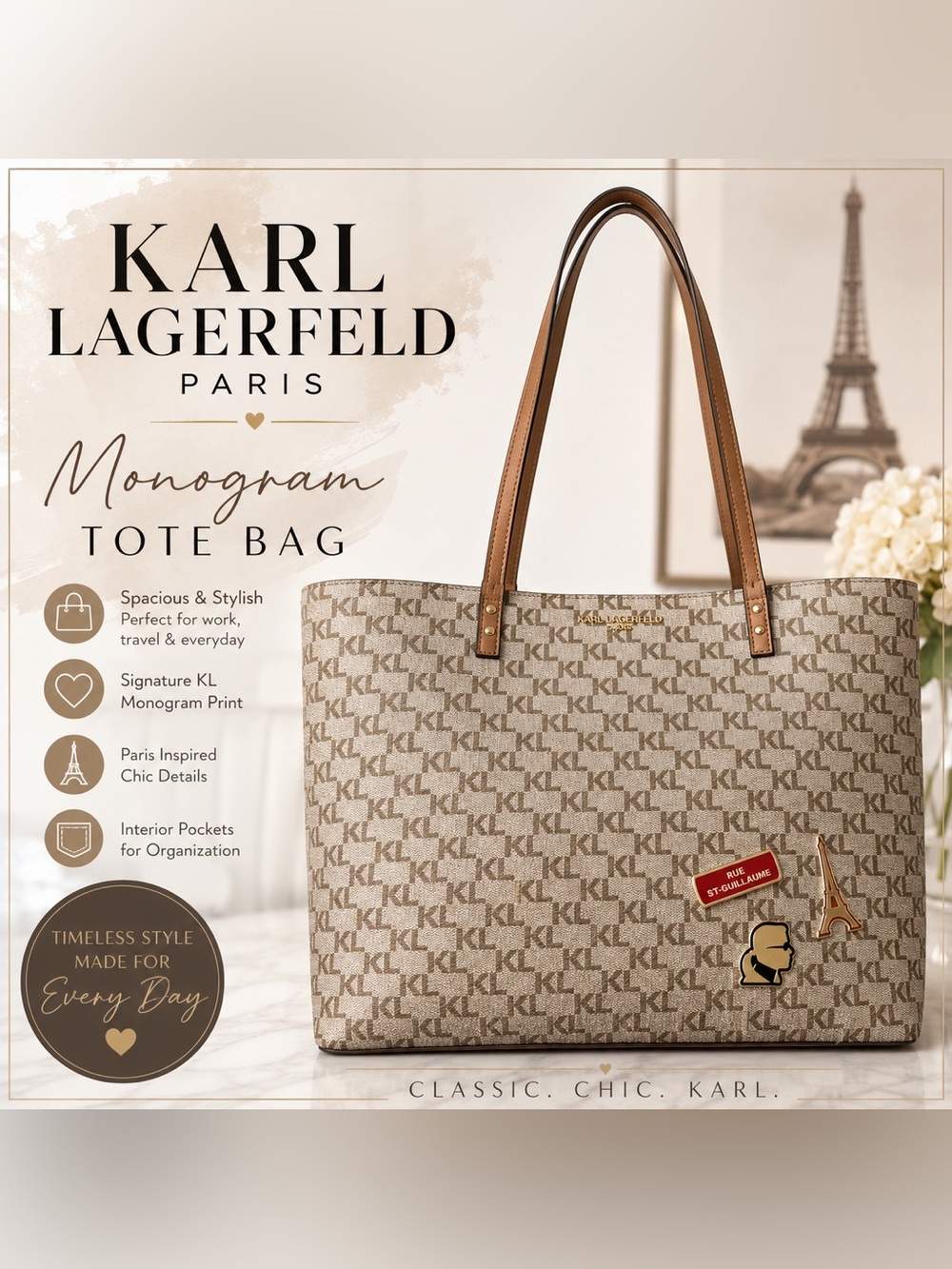 Karl Lagerfeld Paris Monogram Tote Bag Beige Brown Large Shoulder Purse